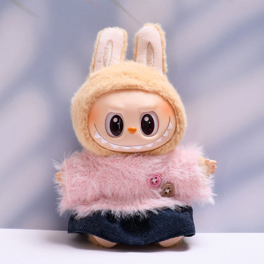 Labubu Doll Outfit - Furry Button Top & Denim Skirt/Jeans for 2nd Gen Pendant