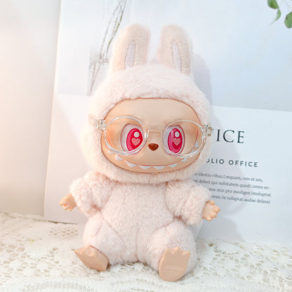 17cm Labubu Doll LABUBU Sit Party Second and Third Generation Vinyl Doll Clothes Plaid Shirt suit Hat