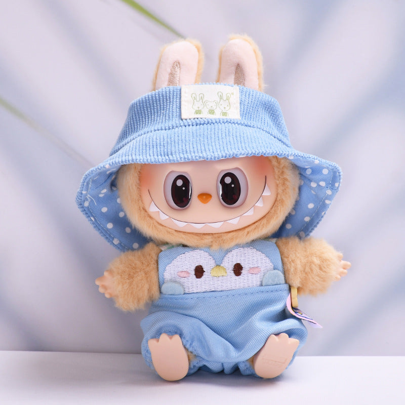 Labubu Doll Overalls Set - Blue Penguin, White Rabbit, Khaki Bear with Matching Hats