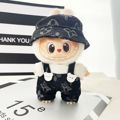 The first and second generation of labubu sit party doll clothes Denim four-leaf clover suit LABUBU wear for hat and suspenders
