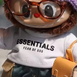 Labubu Doll Outfit Set - Purple Hat, Leopard Glasses, Overalls, White T-Shirt, Yellow Bag, Brown Shoes