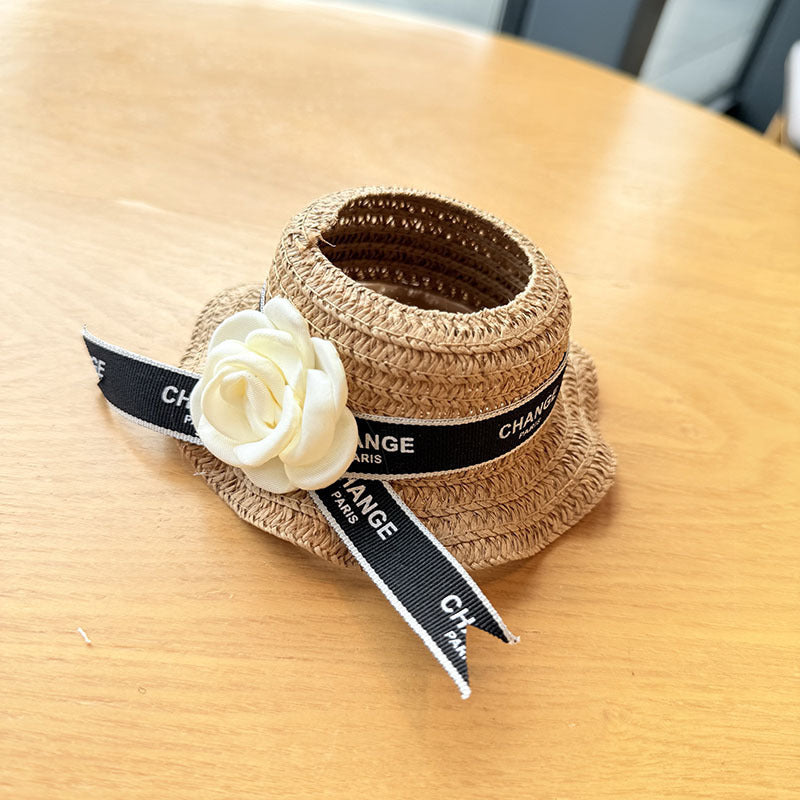 Clothes Only] 17cm Pendant Labubu Clothes Cat t Camellia Straw Hat Suit Labubu Doll Clothes