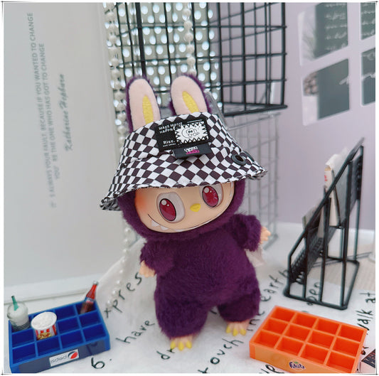 Labubu Doll Outfit - Stylish Denim Overalls & Checkered Bucket Hat for 17cm & 10cm Labubu