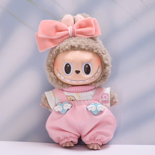 Labubu Doll Love Cloud Overalls Suit with Pink Glasses & White Shoes