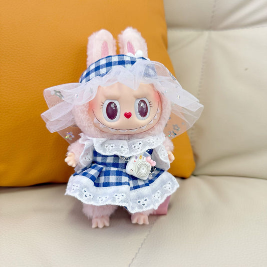 Only clothes] pendant pull cloth clothes one or two generation blind box LABUBU wear for blue and white lace skirt two-piece set