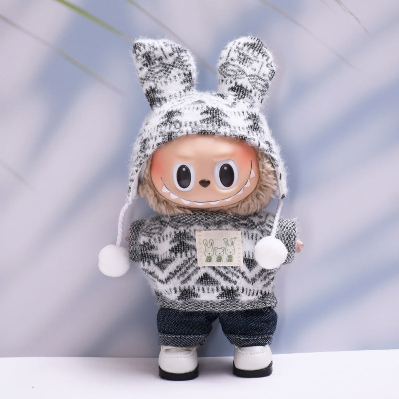 Only clothes] one or two generations of cloth hanging clothes knitted printed fur ball cap suit Labubu plush doll clothes