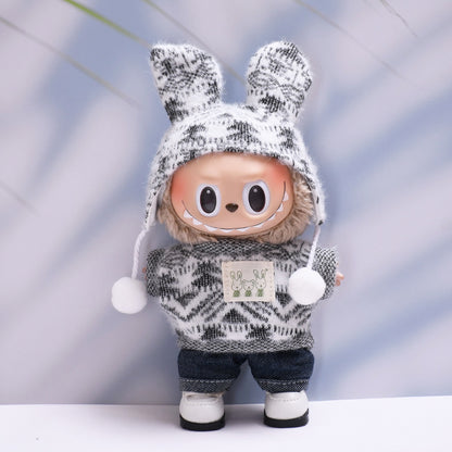 Only clothes] one or two generations of cloth hanging clothes knitted printed fur ball cap suit Labubu plush doll clothes