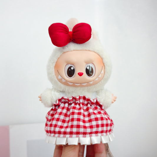 Labubu Doll Outfit - Red Plaid Skirt & Straw Hat for 17cm Vinyl Doll