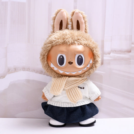 Only clothes] 38cm cloth vinyl doll clothes for labubu white sweater scarf hat doll