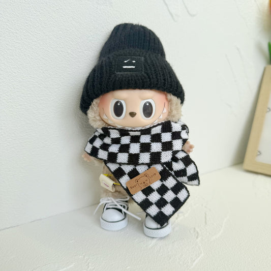 First and Second Generation Labubu Clothes Black Checkered Bear Logo Scarf Expression Hat Set Labubu Hat Scarf Clothes Dress up