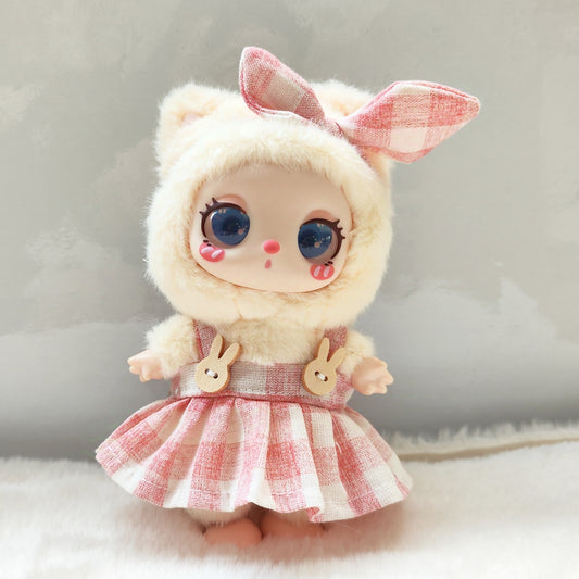 Labubu Doll Plaid Skirt & Preppy Style Suspender Outfit - 17cm