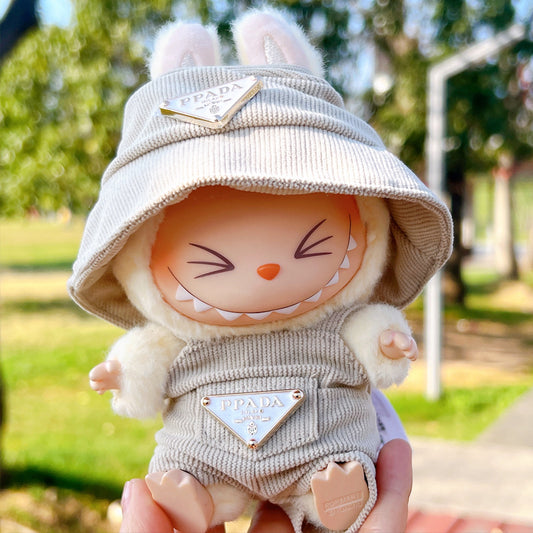 17cm Labubu First and Second Generation Labubu Sitting Party Vinyl Doll Big Brand Overalls Hat Set Replacement