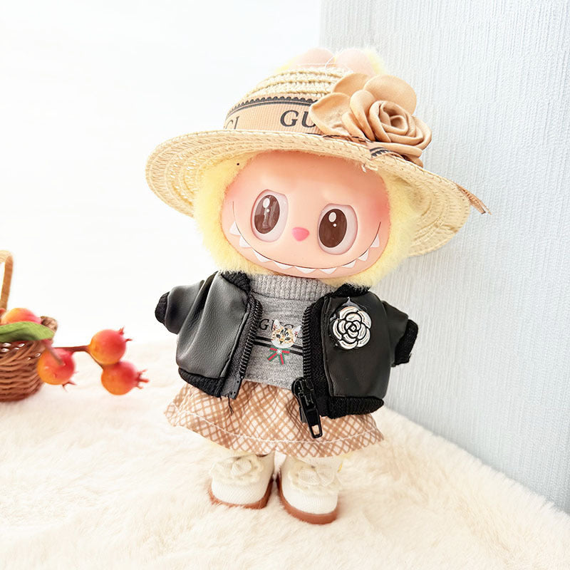 Clothes Only] 17cm Pendant Labubu Clothes Cat t Camellia Straw Hat Suit Labubu Doll Clothes