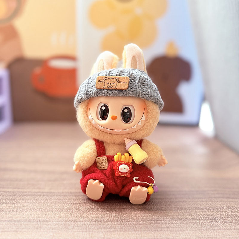 Labubu Doll Overalls Set with Baby Bottle & Hat - Cute Outfit for 1st & 2nd Gen