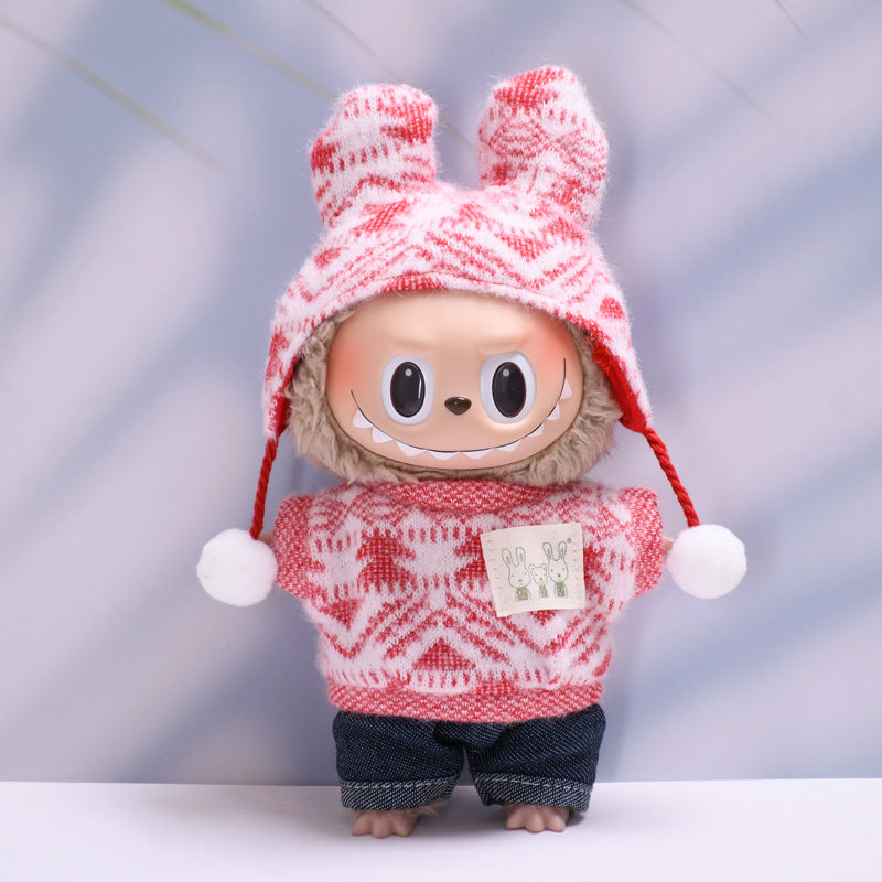 Only clothes] one or two generations of cloth hanging clothes knitted printed fur ball cap suit Labubu plush doll clothes