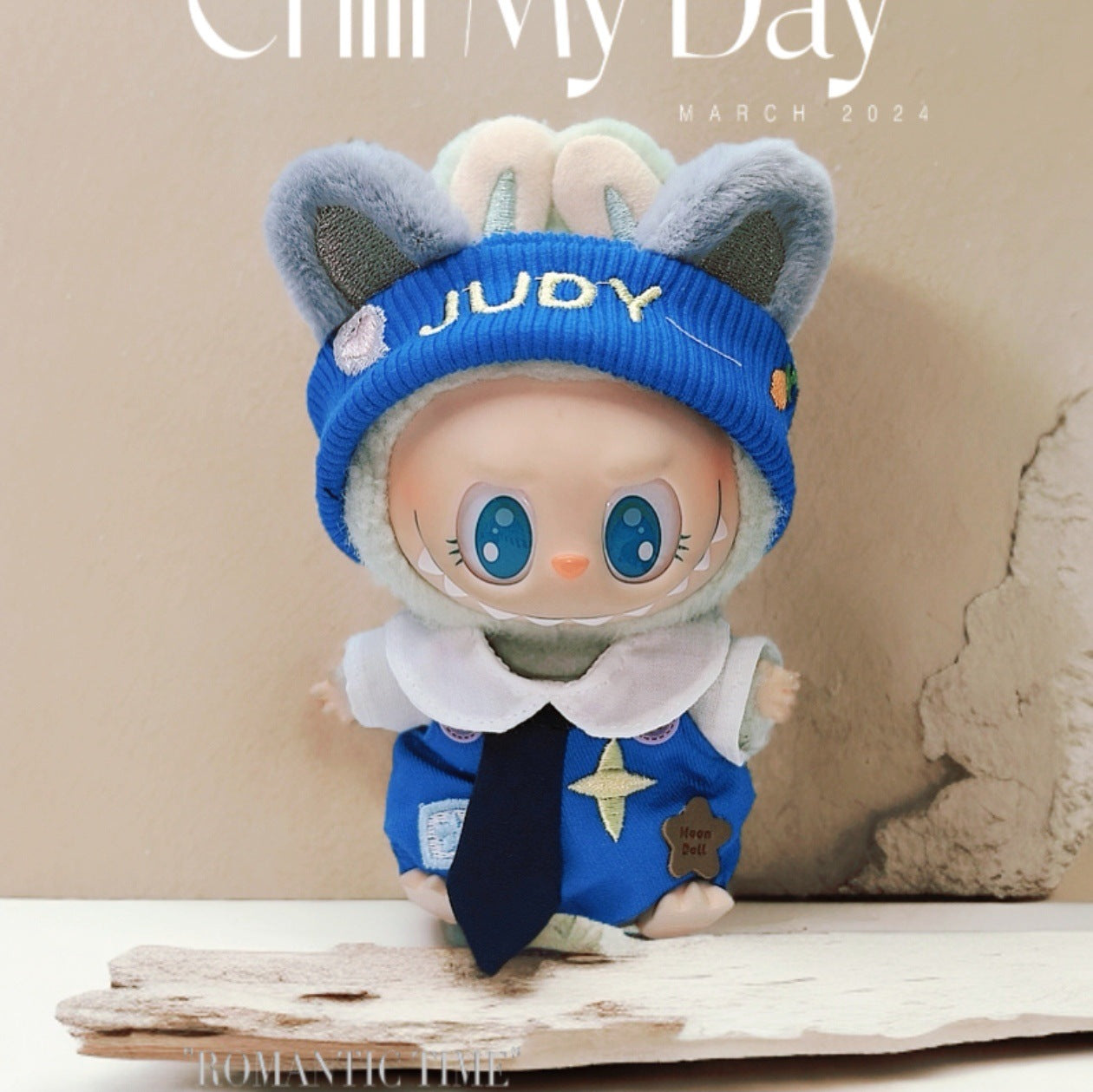 Labubu Doll Outfit - Black & Blue Overalls with Clover Hat
