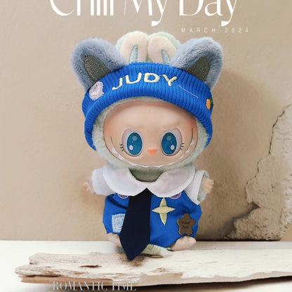 Labubu Doll Outfit - Black & Blue Overalls with Clover Hat