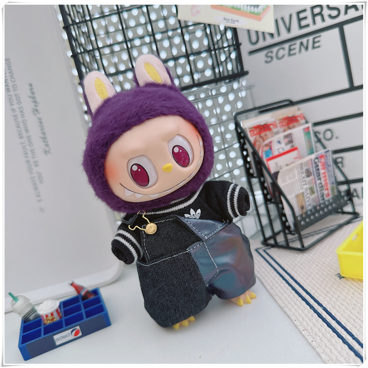 Labubu Doll Outfit - One Shoulder Cool Overalls & T-Shirt Set