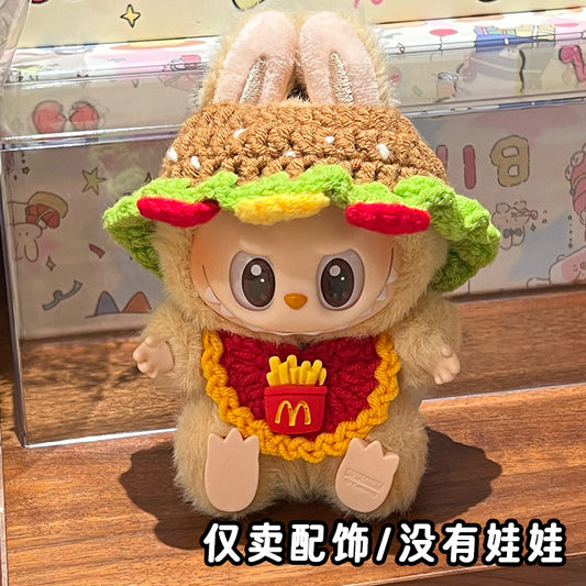 Labubu Burger Set Hat Saliva Towel Doll Bib Crossbody Bag Doll Hood Decorative Woven Baby Clothes