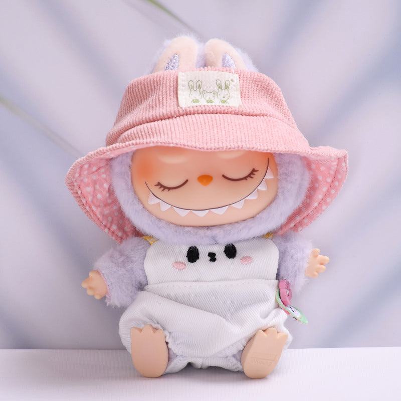 Labubu Doll Overalls Set - Blue Penguin, White Rabbit, Khaki Bear with Matching Hats