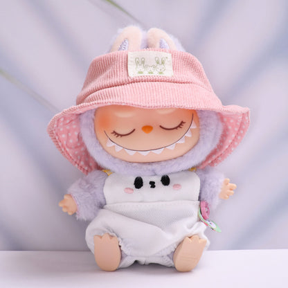 Labubu Doll Overalls Set - Blue Penguin, White Rabbit, Khaki Bear with Matching Hats