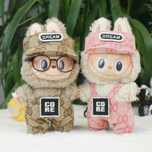 Labubu Doll Outfit - 17cm Brown & Pink Overalls with Hat