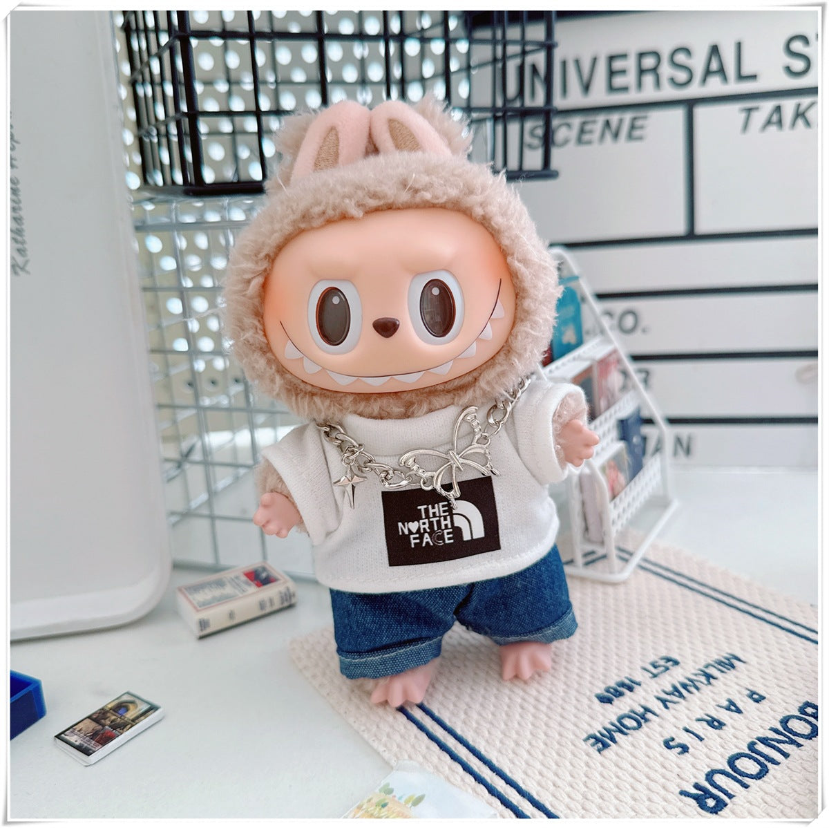 Labubu Doll Sportswear Outfit - T-Shirt, Denim Shorts & Accessories
