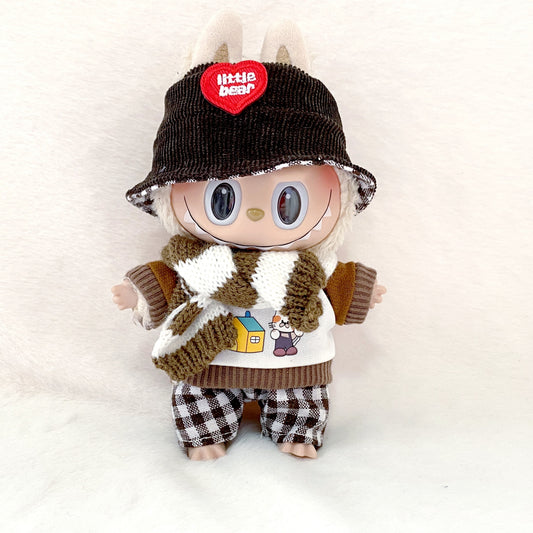 Labubu Doll Hoodie Outfit - 17cm Plush Doll Clothes, Brown 4-Piece Set