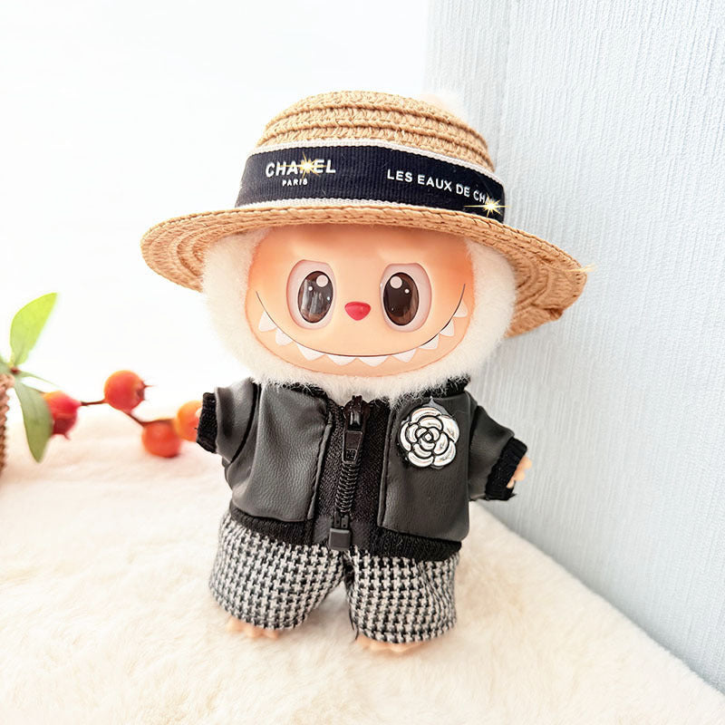Clothes Only] 17cm Pendant Labubu Clothes Cat t Camellia Straw Hat Suit Labubu Doll Clothes