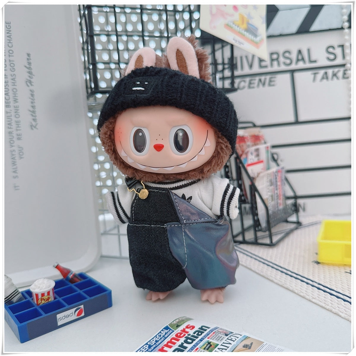 Labubu Doll Outfit - One Shoulder Cool Overalls & T-Shirt Set