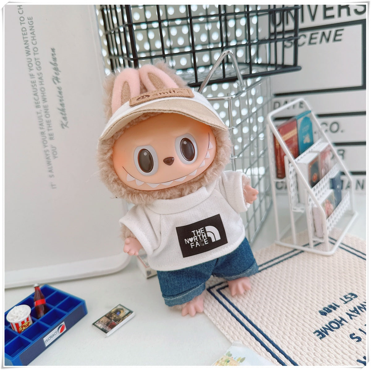 Labubu Doll Sportswear Outfit - T-Shirt, Denim Shorts & Accessories