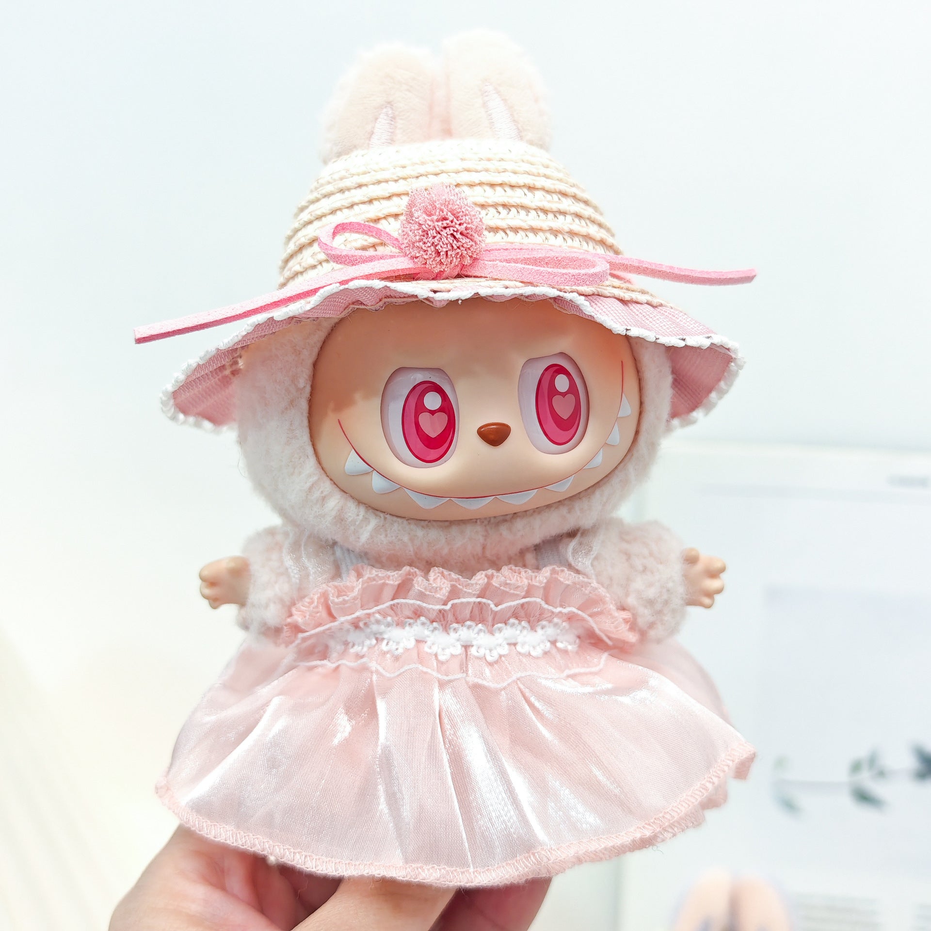 Labubu Doll Outfit - Pink, Purple, White Double Layer Gauze Skirt with Pearl Hair Accessories & Straw Hats