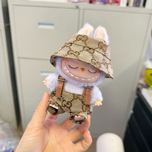 Labubu Doll Brown Leather Overalls & Hat Outfit Set