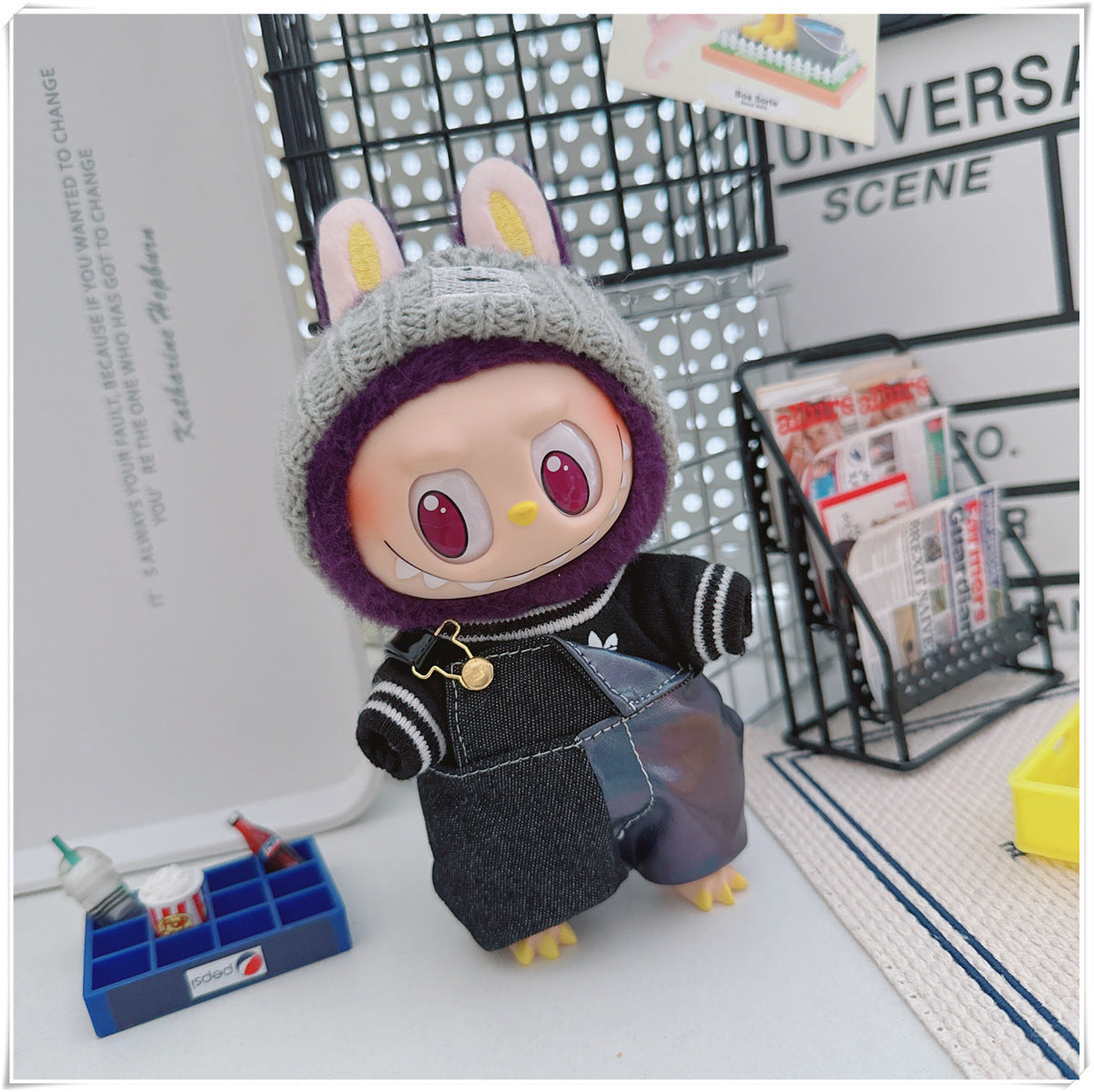 Labubu Doll Outfit - One Shoulder Cool Overalls & T-Shirt Set