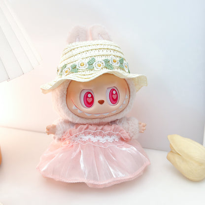 Labubu Doll Outfit - Pink, Purple, White Double Layer Gauze Skirt with Pearl Hair Accessories & Straw Hats