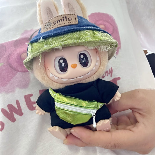 Labubu Doll Outfit - Black T-Shirt with Colorful Hat & Green Bag