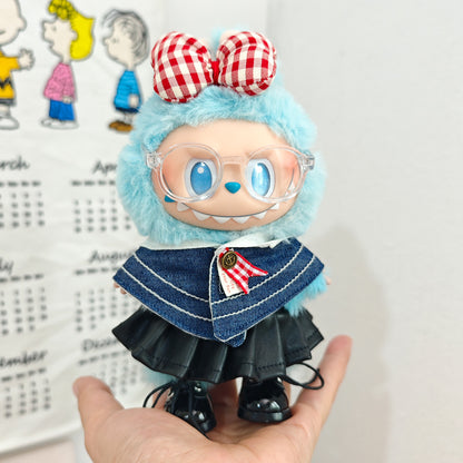 Labubu Doll Denim Shawl & Black Leather Skirt Outfit for 1st-3rd Gen Pendants