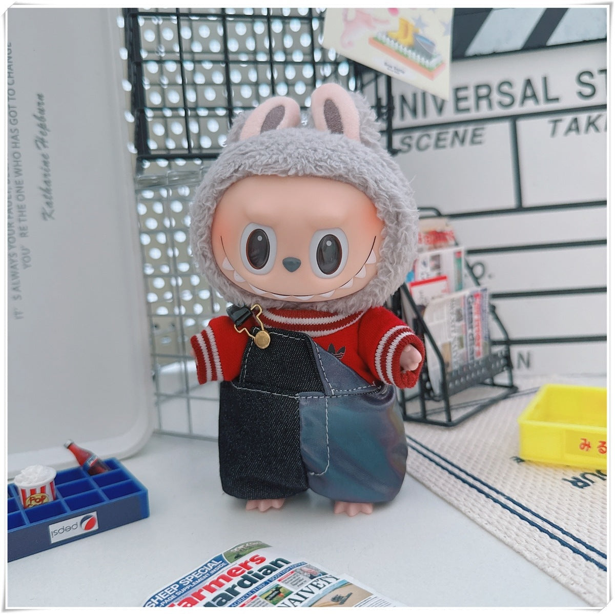 Labubu Doll Outfit - One Shoulder Cool Overalls & T-Shirt Set