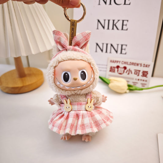 Labubu Doll Outfit - 17cm Plaid Suspenders Skirt & Headband Set