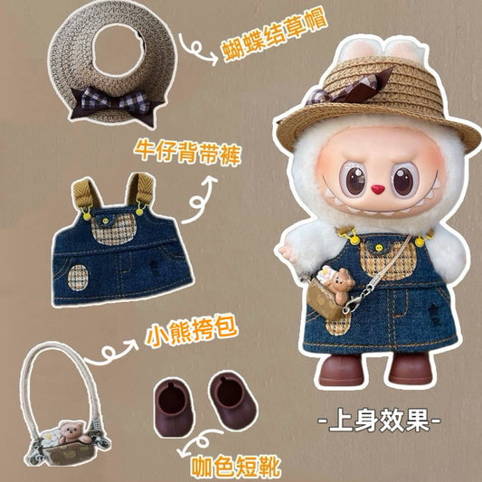 Labubu Doll Denim Overalls Set with Hat, Bag & Boots