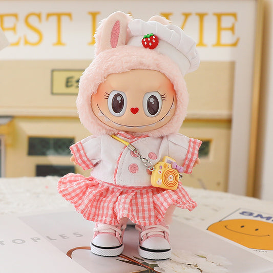 In-Stock First and Second Generation Labubu Pendant Clothes Strawberry Hat Chef Bow Plaid Skirt Set Clothes Only