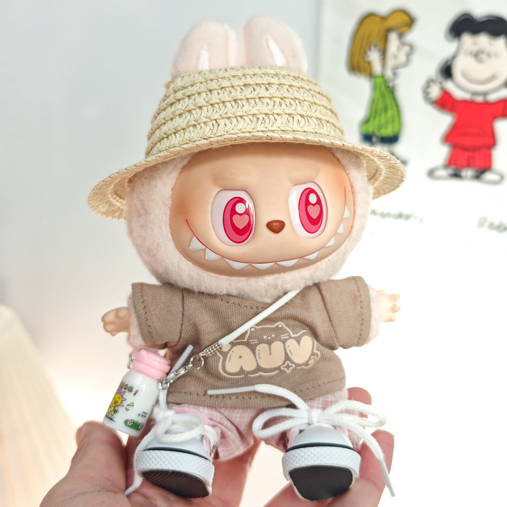Labubu Doll Summer Outfit Set with Straw Hat & Canvas Shoes