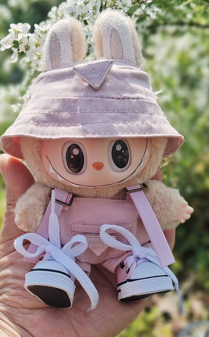 Labubu Doll Fisherman Hat & Outfit Set for 17cm Vinyl Doll - Pink, White, Purple, Blue, Black