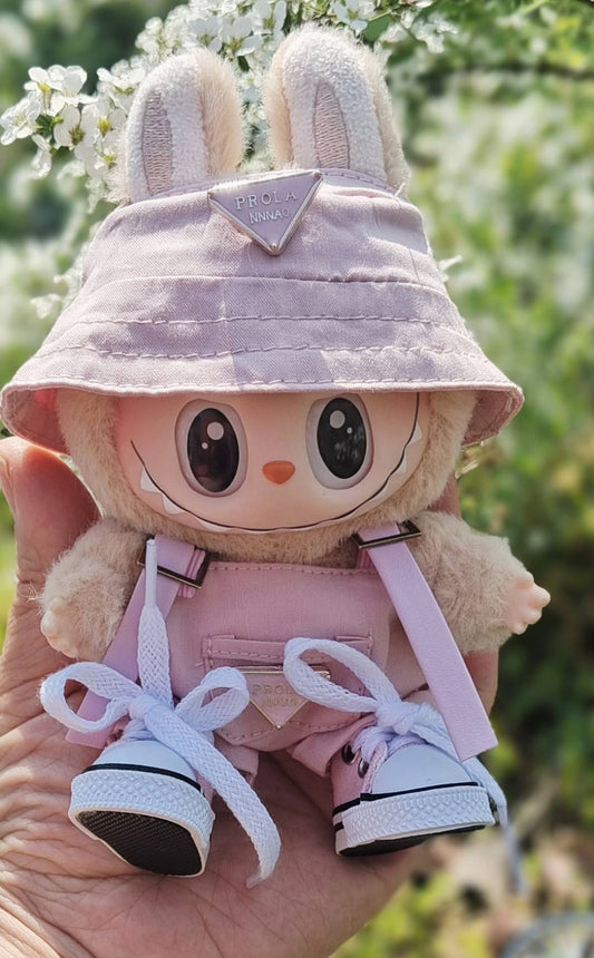 Labubu Doll Fisherman Hat & Outfit Set for 17cm Vinyl Doll - Pink, White, Purple, Blue, Black