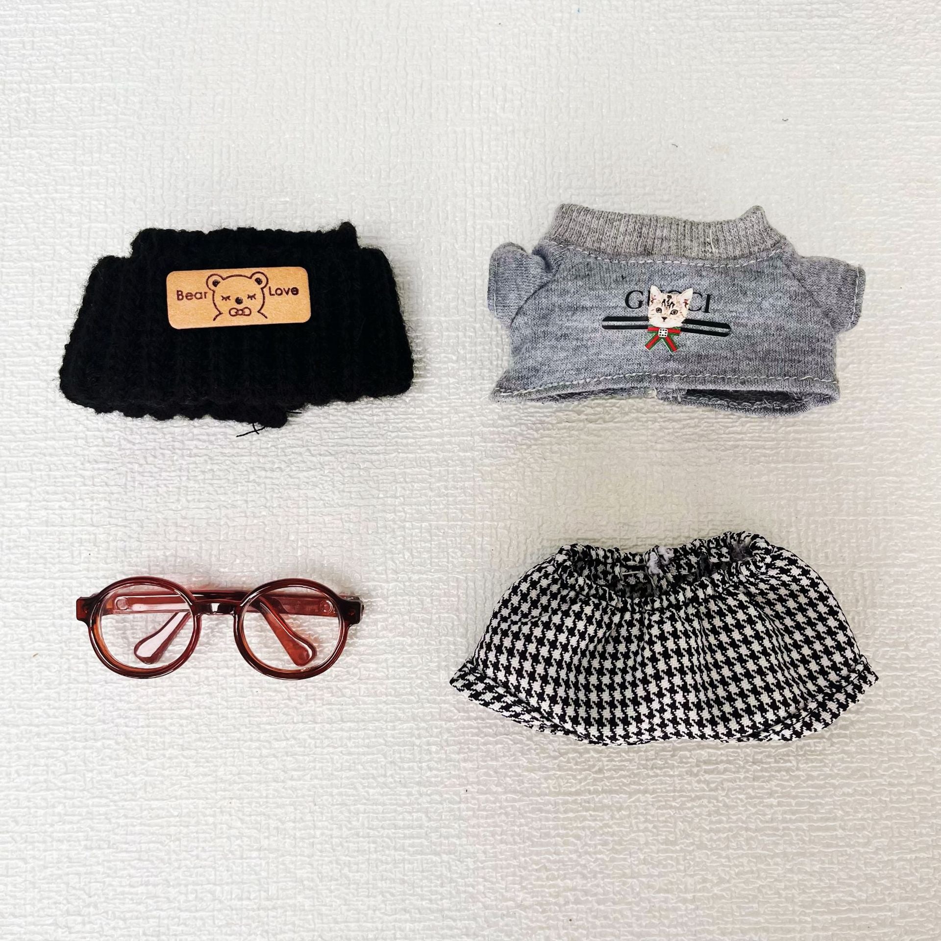 Labubu Doll Outfit - Cat T-Shirt with Houndstooth Pants & Accessories for 17cm Labubu