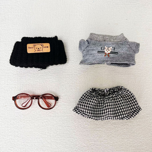Labubu Doll Outfit - Cat T-Shirt with Houndstooth Pants & Accessories for 17cm Labubu