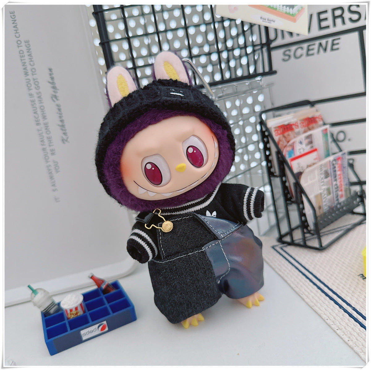 Labubu Doll Outfit - One Shoulder Cool Overalls & T-Shirt Set