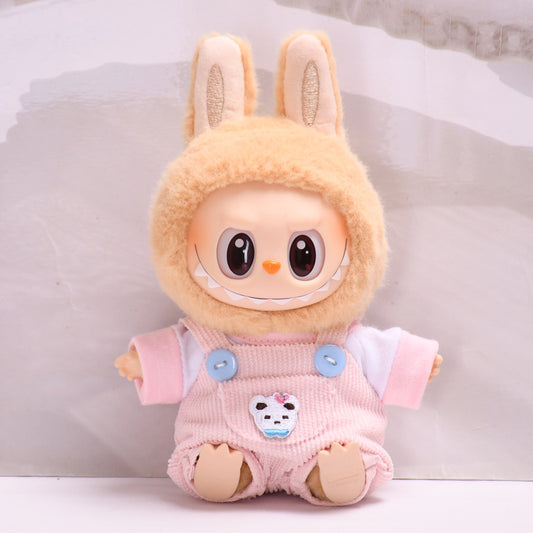 Labubu Doll Outfit - Pink, Yellow, Blue, Purple, Brown Overalls with T-Shirt & Hat