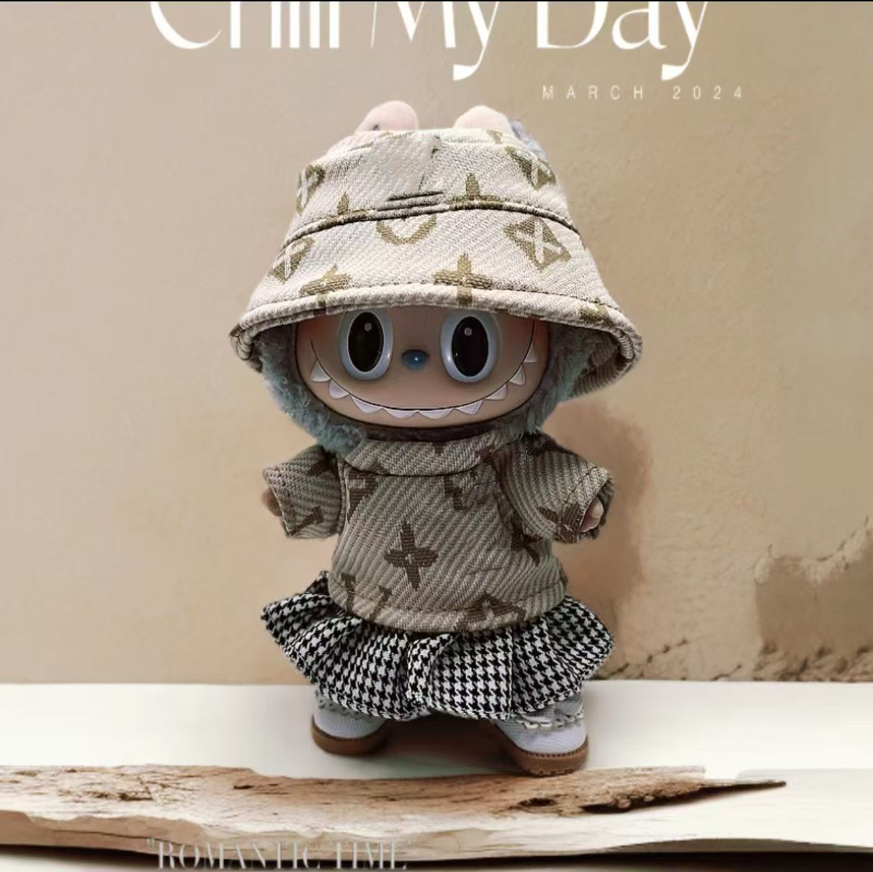 Labubu Doll Outfit Set - Black & Brown Overalls, Hats, Bags & Shoes