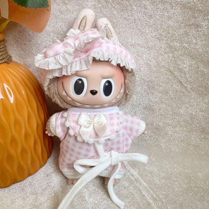 Clothes only] 15cm blind box pull cloth clothes Blue pink plaid pajamas three-piece Labubu dress-up new women's